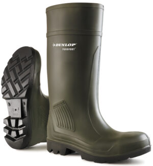 Dunlop Purofort Professional Full Safety veiligheidslaars S5 groen met stalen neus en stalen tussenzool voor landbouw, industrie en voedselverwerking.