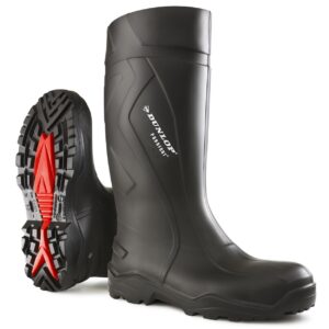 Dunlop Purofort+ Full Safety veiligheidslaars S5 zwart met stalen neus en stalen tussenzool voor bouw, infra en industriële werkzaamheden.veiligheidslaars S5 groen met stalen neus en stalen tussenzool voor landbouw en agrarische werkzaamheden.
